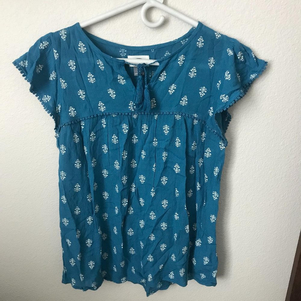 Old Navy Blue & White Short Sleeve Peasant Blouse